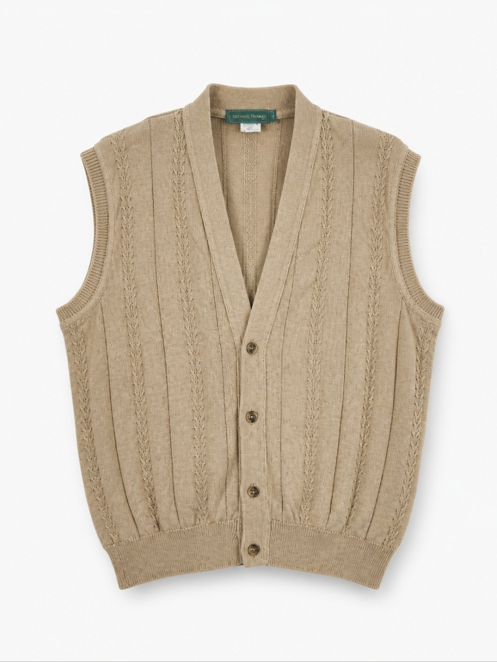 Vtg USA Made Egyptian Cotton Classic Cable-Knit Button Vest in Beige